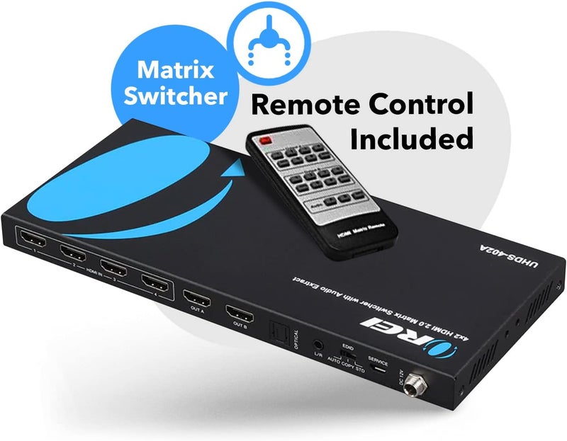 OREI 4K HDMI Matrix Switch 4 X 2, Switcher 18G UltraHD with Arc Supports Upto 4K @ 60Hz & 1080P IR Audio Extractor Arc EDID HDCP 2.- Remote Control - Full Matrix Selection - Image 2